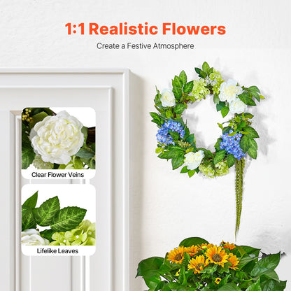 Artificial decorative wreath 23 in blue white green with hydrangea roses