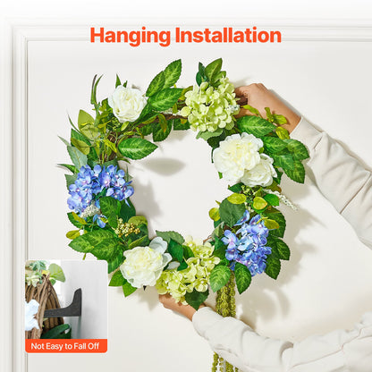 Artificial decorative wreath 23 in blue white green with hydrangea roses