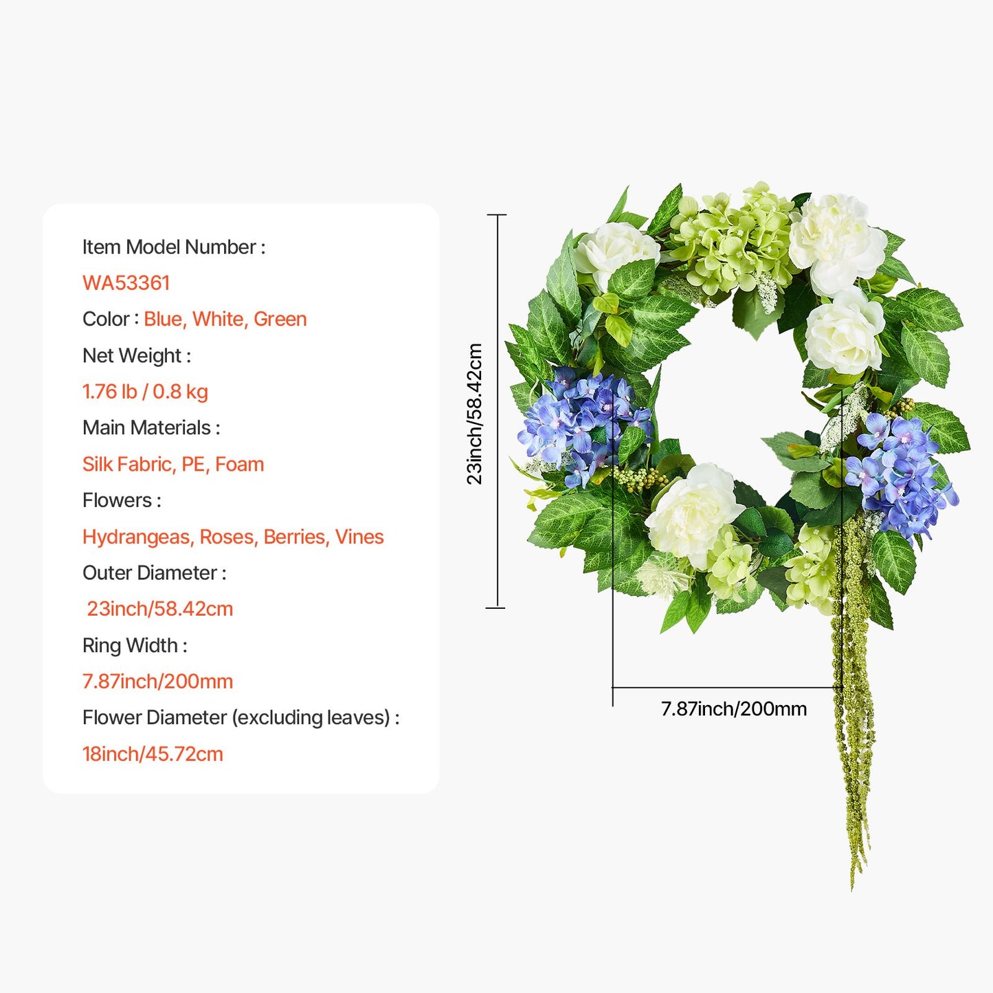 Artificial decorative wreath 23 in blue white green with hydrangea roses