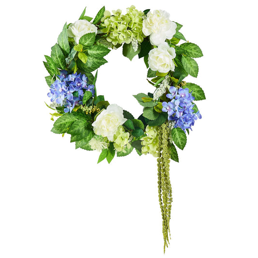Artificial decorative wreath 23 in blue white green with hydrangea roses