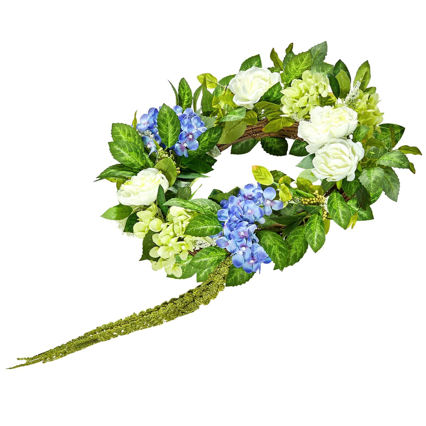 Artificial decorative wreath 23 in blue white green with hydrangea roses