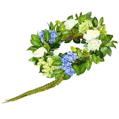 Artificial decorative wreath 23 in blue white green with hydrangea roses