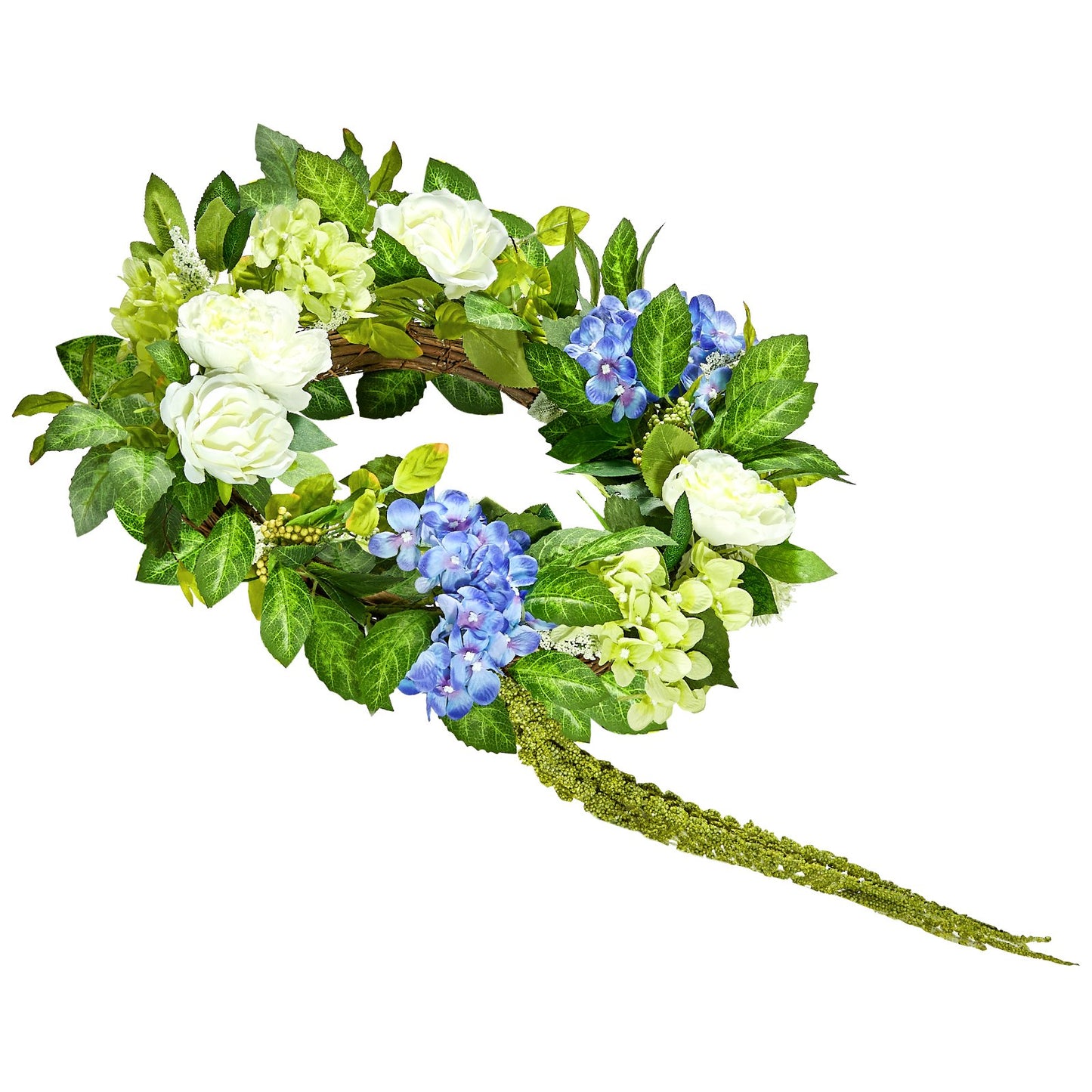 Artificial decorative wreath 23 in blue white green with hydrangea roses