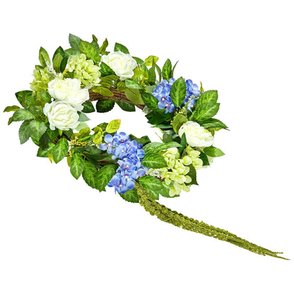 Artificial decorative wreath 23 in blue white green with hydrangea roses