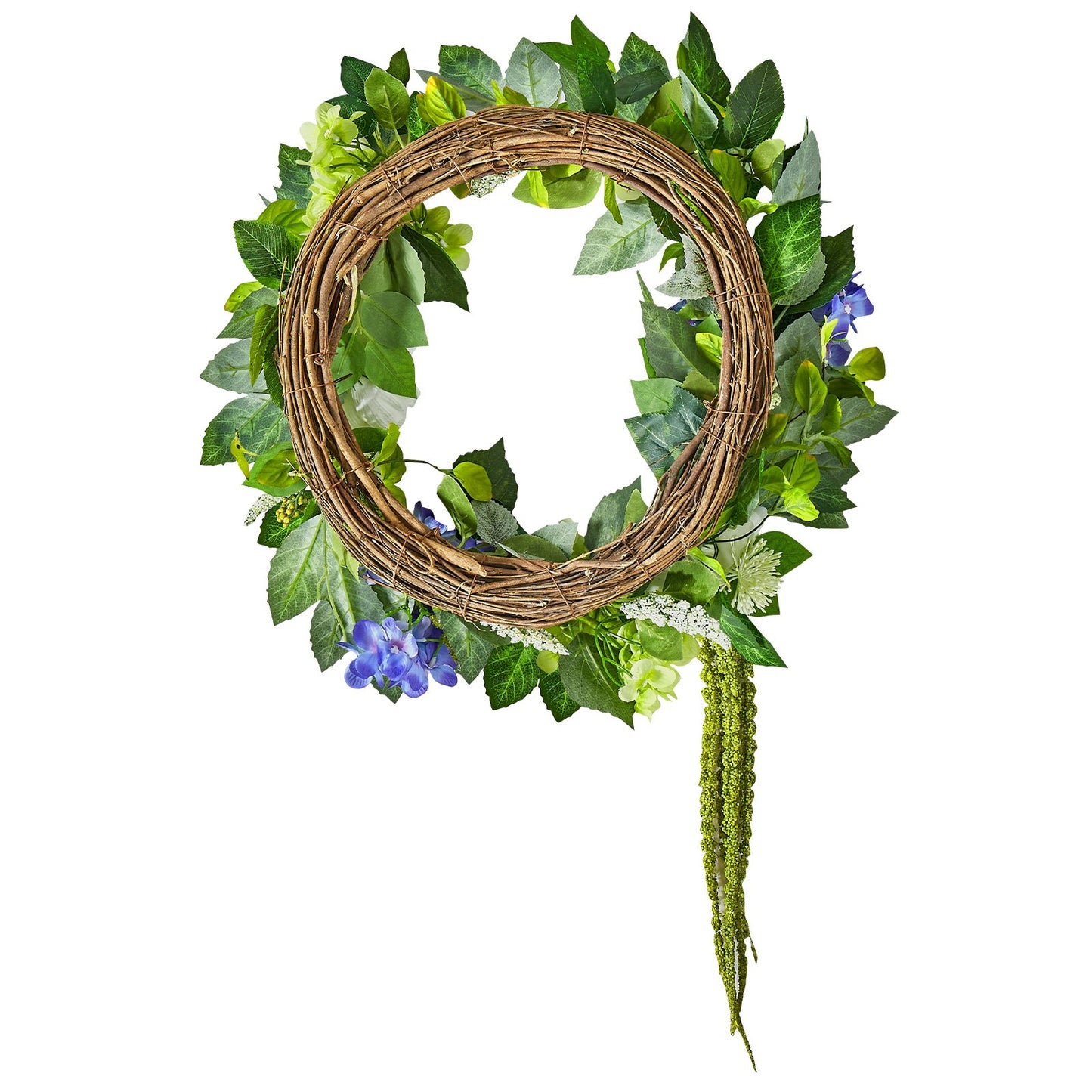 Artificial decorative wreath 23 in blue white green with hydrangea roses