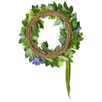 Artificial decorative wreath 23 in blue white green with hydrangea roses