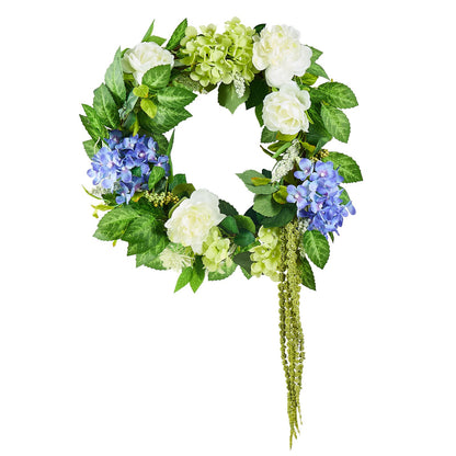 Artificial decorative wreath 23 in blue white green with hydrangea roses
