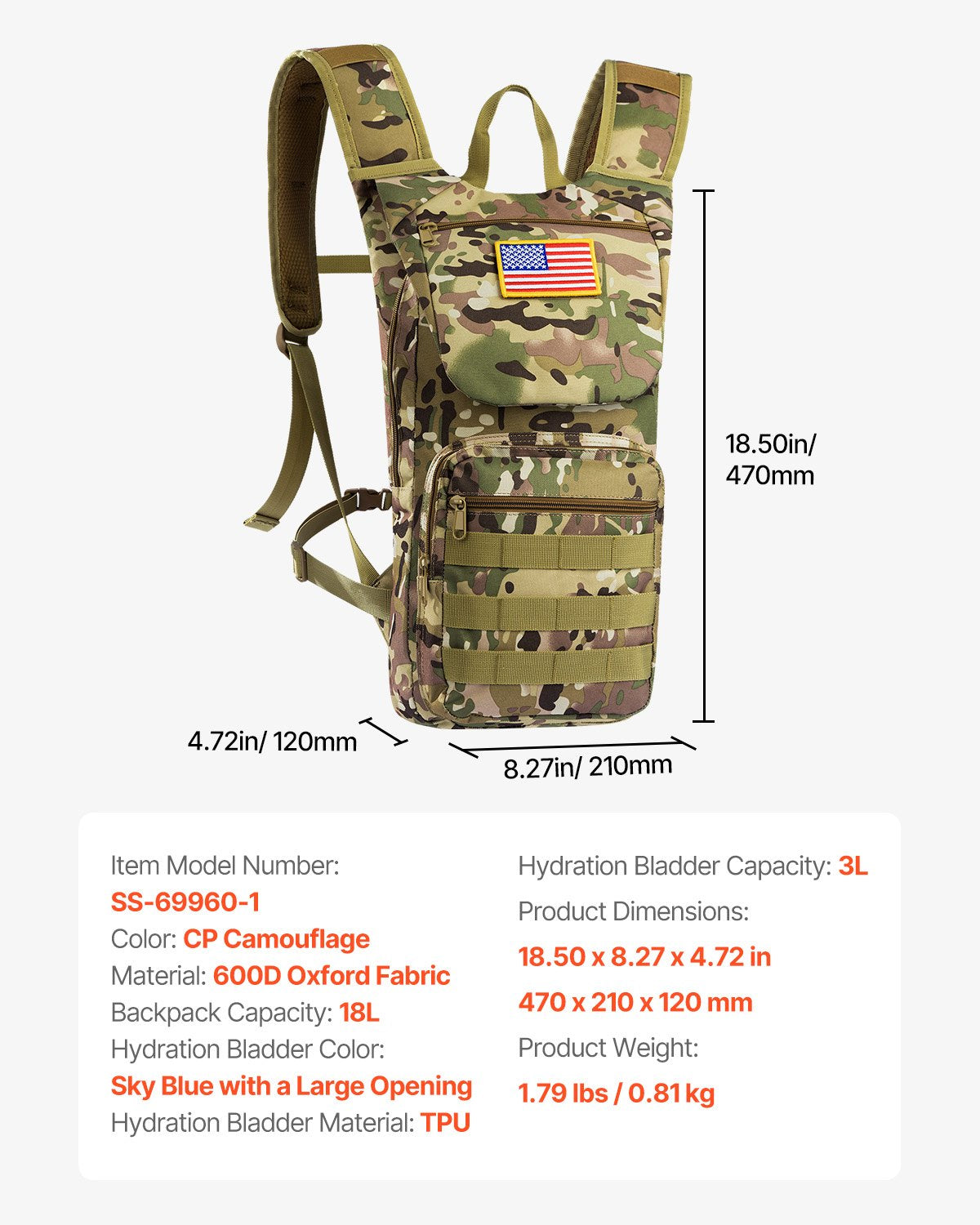 Tactical Molle Hydration Pack Ryggsäck 3L TPU Water Bladder Cykling Vandring