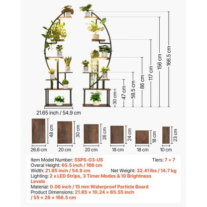 Växtställ för inomhusbruk med odlingslampor, 166,5 cm högt, 7-våningars upplyst växthylla, 2-pack metallhörnhållare för växter, 3 timers och 10 ljusstyrkor, halvmåneformat blomställ för vardagsrum |  EU