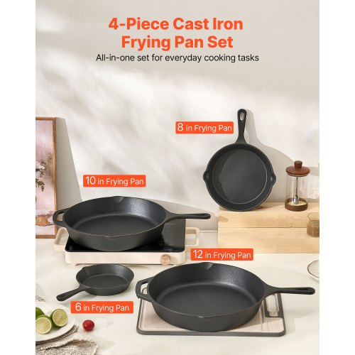 4-delat stekpannaset i gjutjärn, 155 205 260 305 mm, handtag, svart