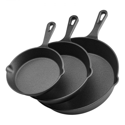 3-delars stekpanna i gjutjärn, set med 160, 220, 265 mm handtag, kryddad svart