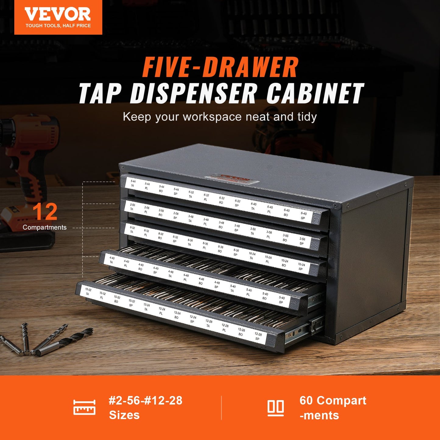 Tap Dispenser Cabinet, Five-Drawer Tap Organizer Cabinet for #2-56-#12-28 Steel Tap Dispenser Organizer Cabinet with Labels, 60-Bin Stackable Tap Cabinet for Tap Storage