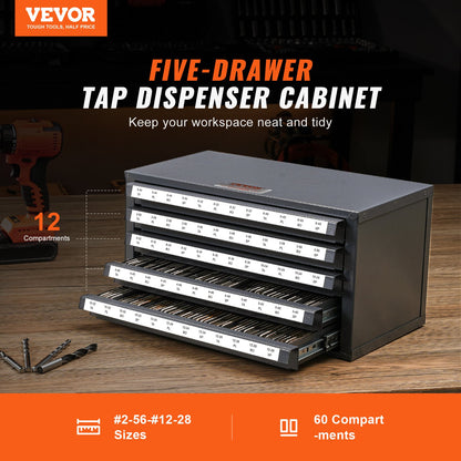 Tap Dispenser Cabinet, Five-Drawer Tap Organizer Cabinet for #2-56-#12-28 Steel Tap Dispenser Organizer Cabinet with Labels, 60-Bin Stackable Tap Cabinet for Tap Storage