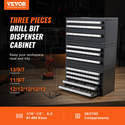 Drill Bit Dispenser Cabinet, 3-Piece Three-Drawer for 1/16" to 1/2" &amp; Letter Sizes A to Z, Five-Drawer Drill Organizer for Wire Gauge Sizes #1 to #60, Stackable for Drill Storage