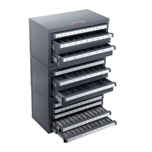 Drill Bit Dispenser Cabinet, 3-Piece Three-Drawer for 1/16" to 1/2" &amp; Letter Sizes A to Z, Five-Drawer Drill Organizer for Wire Gauge Sizes #1 to #60, Stackable for Drill Storage