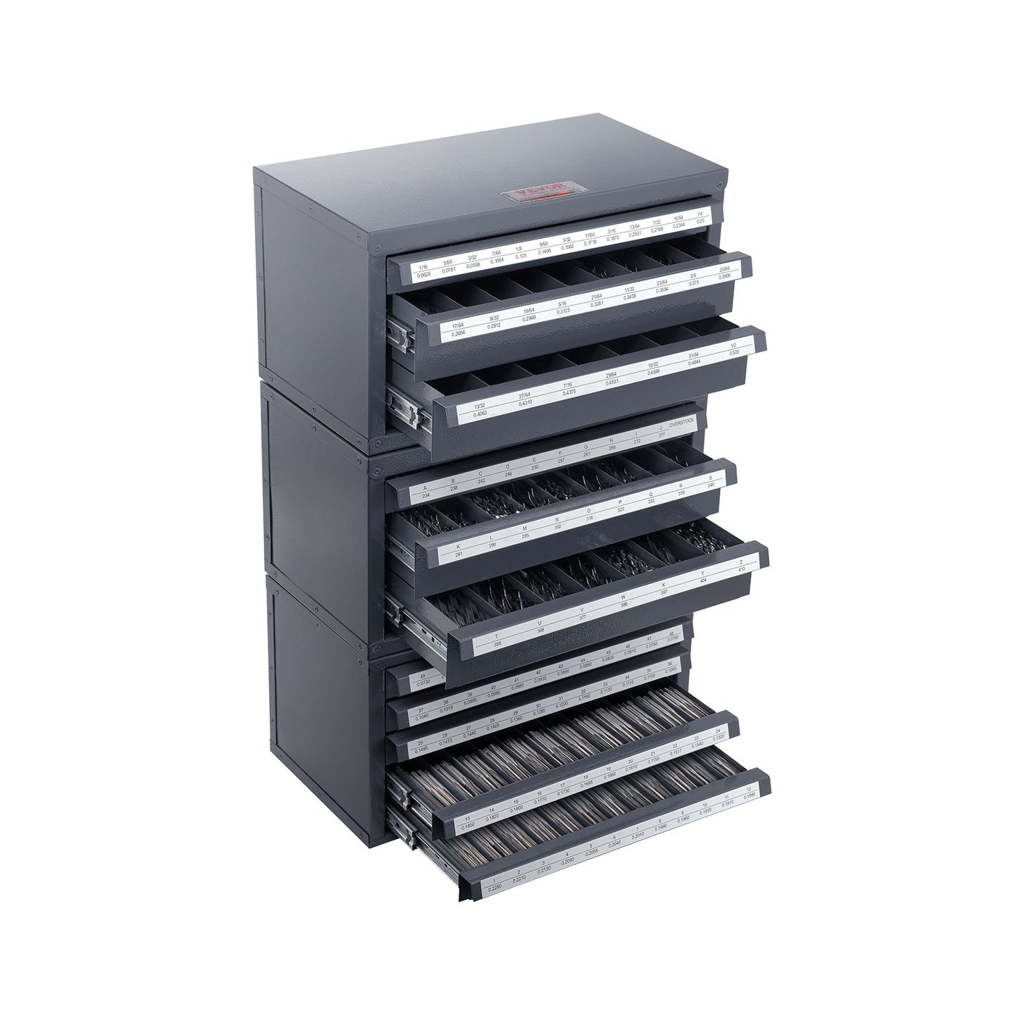 Drill Bit Dispenser Cabinet, 3-Piece Three-Drawer for 1/16" to 1/2" &amp; Letter Sizes A to Z, Five-Drawer Drill Organizer for Wire Gauge Sizes #1 to #60, Stackable for Drill Storage
