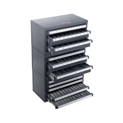 Drill Bit Dispenser Cabinet, 3-Piece Three-Drawer for 1/16" to 1/2" &amp; Letter Sizes A to Z, Five-Drawer Drill Organizer for Wire Gauge Sizes #1 to #60, Stackable for Drill Storage