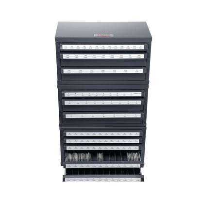 Drill Bit Dispenser Cabinet, 3-Piece Three-Drawer for 1/16" to 1/2" &amp; Letter Sizes A to Z, Five-Drawer Drill Organizer for Wire Gauge Sizes #1 to #60, Stackable for Drill Storage