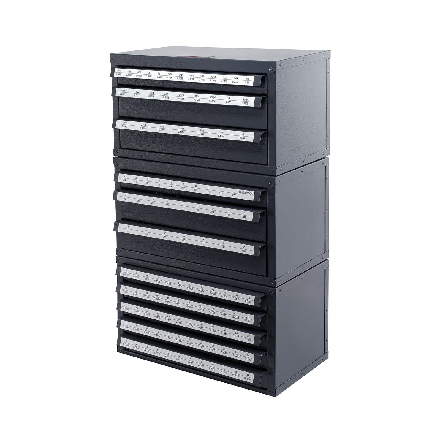Drill Bit Dispenser Cabinet, 3-Piece Three-Drawer for 1/16" to 1/2" &amp; Letter Sizes A to Z, Five-Drawer Drill Organizer for Wire Gauge Sizes #1 to #60, Stackable for Drill Storage