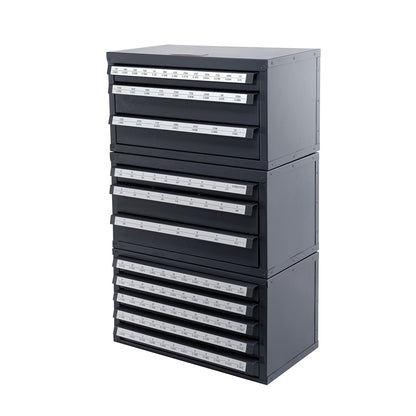 Drill Bit Dispenser Cabinet, 3-Piece Three-Drawer for 1/16" to 1/2" &amp; Letter Sizes A to Z, Five-Drawer Drill Organizer for Wire Gauge Sizes #1 to #60, Stackable for Drill Storage