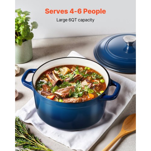 Emaljerad gjutjärnsgryta, 5,7 l kastrull med lock och dubbla handtag, kraftig och hållbar kokkärlsform, kompatibel med induktion upp till 260 ℃, för bräsering, grytor, stekning, brödbakning, blå |  EU