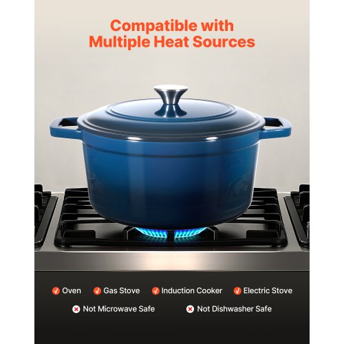 Emaljerad gjutjärnsgryta, 5,7 l kastrull med lock och dubbla handtag, kraftig och hållbar kokkärlsform, kompatibel med induktion upp till 260 ℃, för bräsering, grytor, stekning, brödbakning, blå |  EU