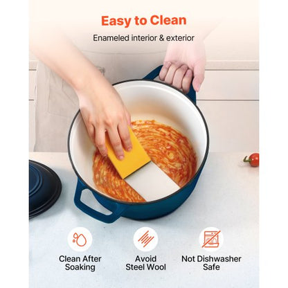 Emaljerad gjutjärnsgryta, 5,7 l kastrull med lock och dubbla handtag, kraftig och hållbar kokkärlsform, kompatibel med induktion upp till 260 ℃, för bräsering, grytor, stekning, brödbakning, blå |  EU