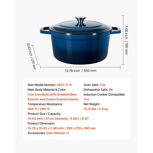 Emaljerad gjutjärnsgryta, 5,7 l kastrull med lock och dubbla handtag, kraftig och hållbar kokkärlsform, kompatibel med induktion upp till 260 ℃, för bräsering, grytor, stekning, brödbakning, blå |  EU