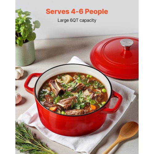 Emaljerad gjutjärnsgryta, 5,7 l kastrull med lock och dubbla handtag, kraftig och hållbar kokkärlsform, kompatibel med induktion upp till 260 ℃, för bräsering, grytor, stekning, brödbakning, röd |  EU