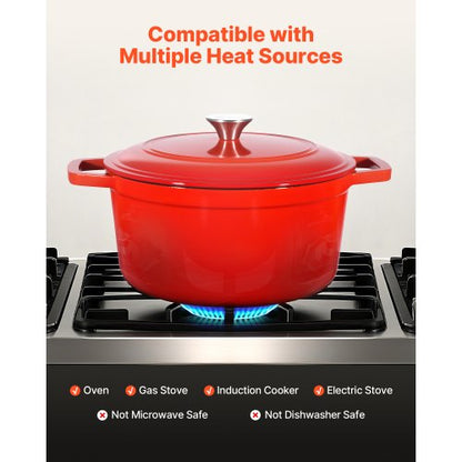 Emaljerad gjutjärnsgryta, 5,7 l kastrull med lock och dubbla handtag, kraftig och hållbar kokkärlsform, kompatibel med induktion upp till 260 ℃, för bräsering, grytor, stekning, brödbakning, röd |  EU