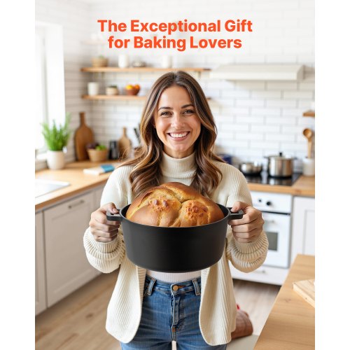 gjutjärnsgryta, 2-i-1-gryta med stekpanna och lock, 4,7 l kokkärl med jäskorg, tillbehör till brödbakning, kompatibel med brödugn 260 ℃ |  EU