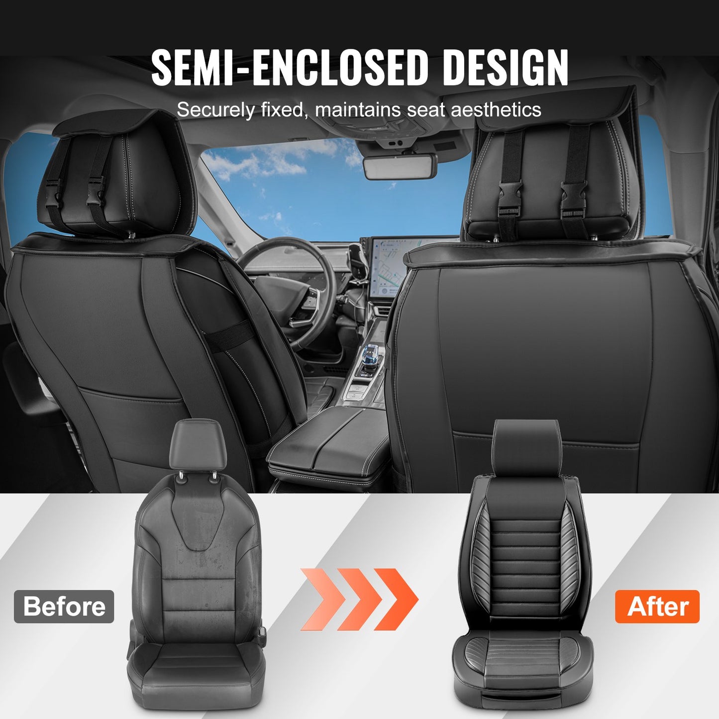 Sitzbezüge, Universal-Autositzbezüge, Komplettset, Vorder- und Rücksitze, 9-teilige Kunstleder-Sitzbezüge, halbgeschlossenes Design, abnehmbare Kopfstütze und Airbag-kompatibel, für die meisten Autos, SUVs und LKWs