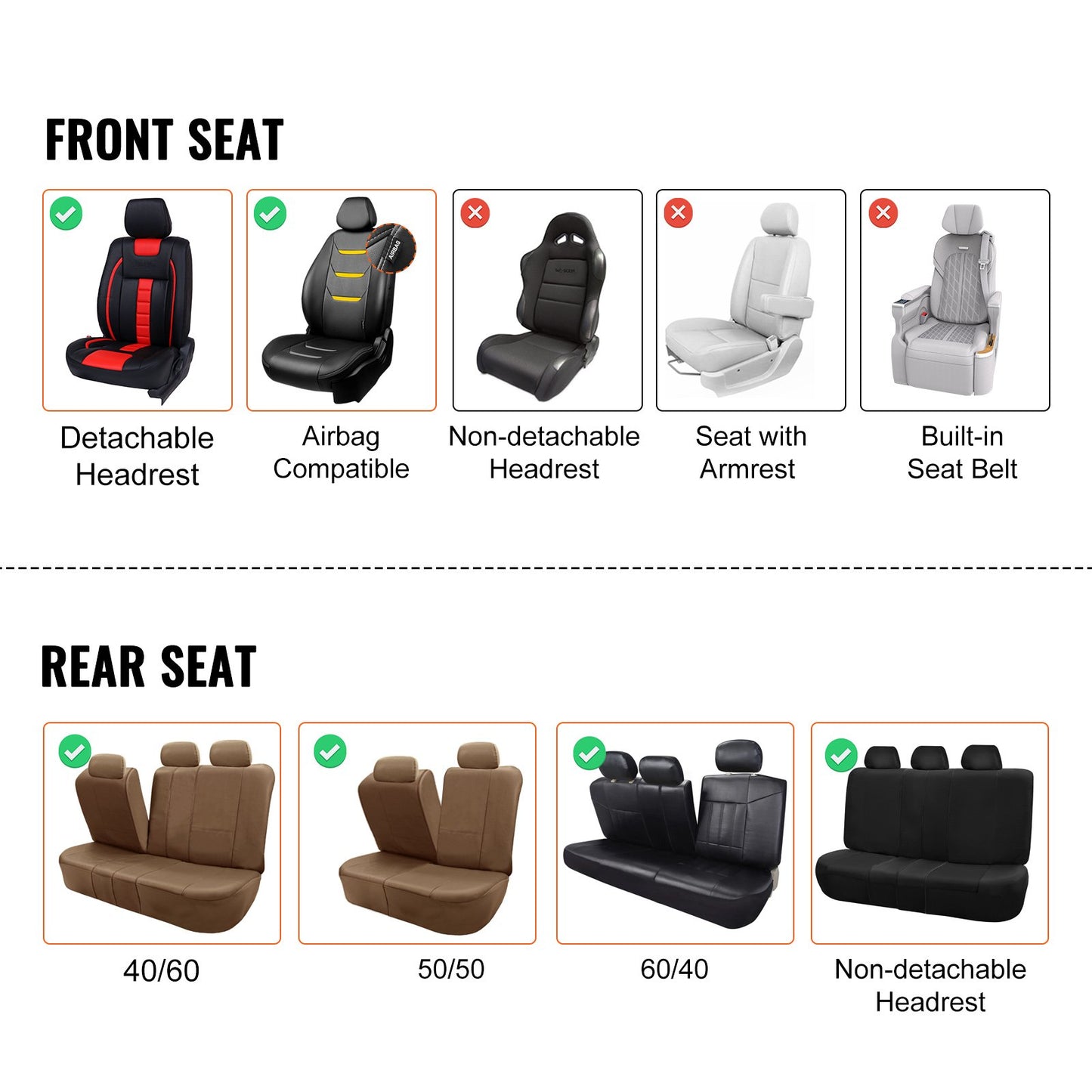 Sätesöverdrag, universella bilsätesöverdrag Komplett set säten, fram- och baksäte, 13 st sätesöverdrag i konstläder, helt innesluten design, löstagbart nackstöd och krockkuddekompatibelt, för de flesta bilar SUV-lastbilar