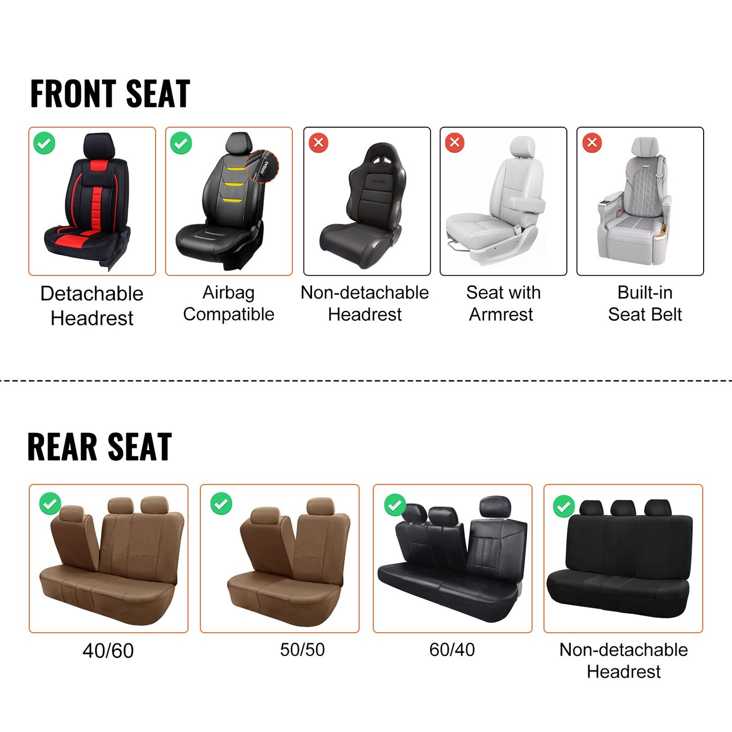 Sätesöverdrag, universella bilstolsöverdrag Fullset säten, fram- och baksäte, 13 st sätesöverdrag i konstläder, helt innesluten design, löstagbart nackstöd och krockkuddekompatibelt, för de flesta SUV-bilar