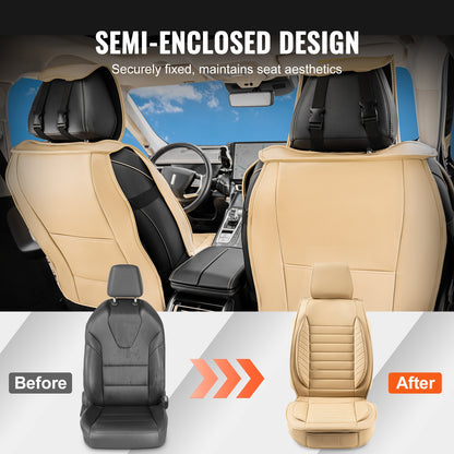 Sitzbezüge, Universal-Autositzbezüge Vordersitze, 2 Stück Kunstleder-Sitzbezüge, Halbgeschlossenes Design, Abnehmbare Kopfstütze und Airbag-kompatibel, für die meisten Autos, SUVs und LKWs Beige