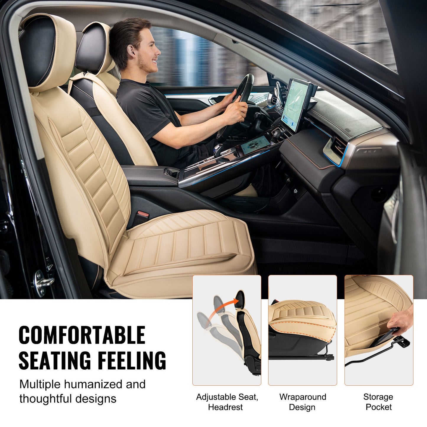 Sitzbezüge, Universal-Autositzbezüge Vordersitze, 2 Stück Kunstleder-Sitzbezüge, Halbgeschlossenes Design, Abnehmbare Kopfstütze und Airbag-kompatibel, für die meisten Autos, SUVs und LKWs Beige