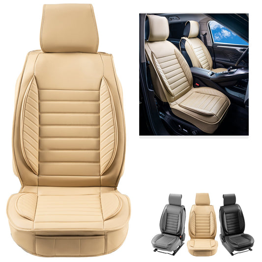 Sätesöverdrag, universella bilstolsöverdrag Framsäten, 2 st sätesöverdrag i konstläder, halvsluten design, löstagbart nackstöd och krockkudde kompatibel, för de flesta bilar SUV:ar och lastbilar Beige