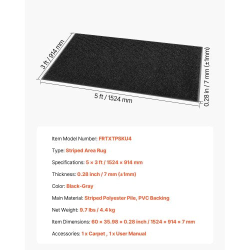 ytterdörrsmatta, 1524 x 914 mm kommersiell golvmatta för inomhus och utomhus, snygg randig industriell matta med PVC-baksida, kraftig tvättbar entrématta för hall, balkong, garage, grå |  EU