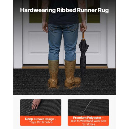 ytterdörrsmatta, 2438 x 1219 mm kommersiell golvmatta för inomhus och utomhus, snygg randig industriell matta med PVC-baksida, kraftig tvättbar entrématta för hall, balkong, garage, grå |  EU