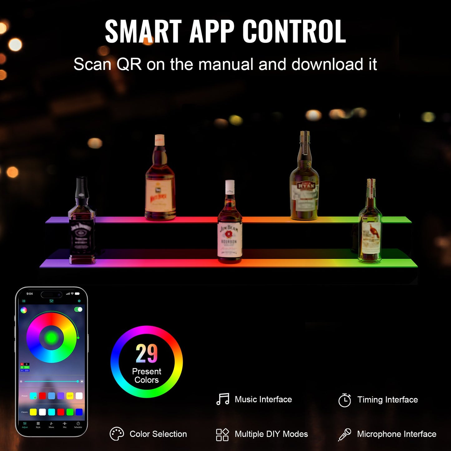 LED Illuminated Liquor Bottle Display Bar Shelf RF &amp; App Control 40" 2-Step