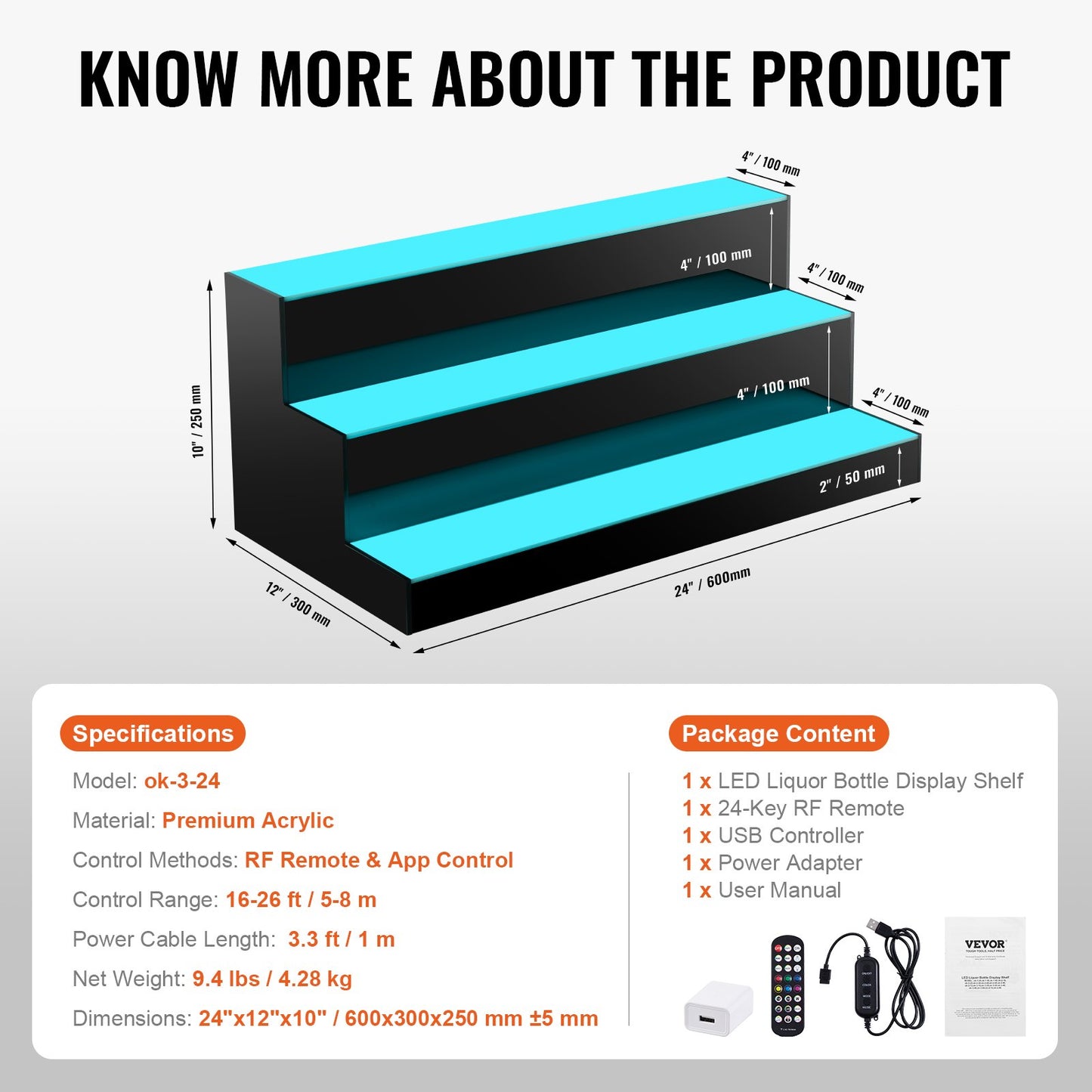 LED-upplyst spritflaska Display Bar Hylla RF & App Control 24" 3-steg