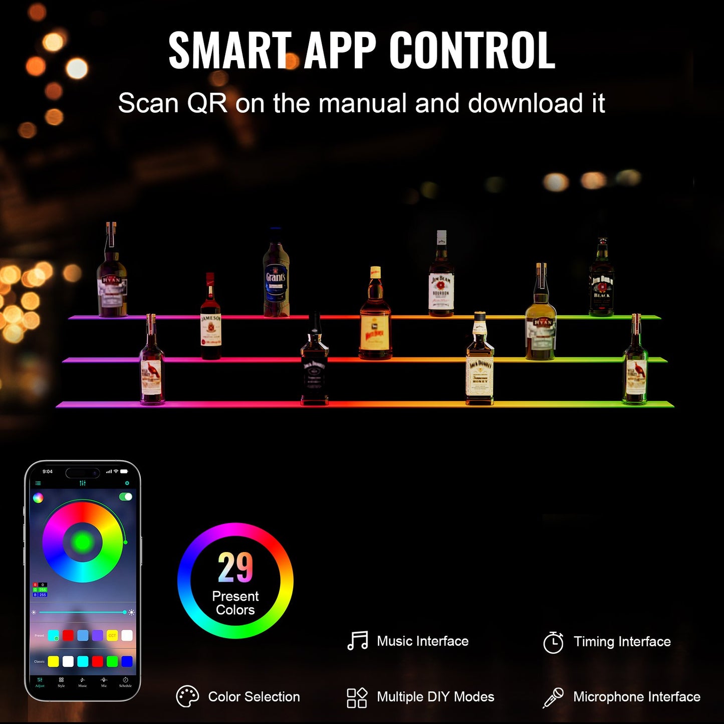 LED-upplyst spritflaska Display Bar Hylla RF & App Control 60" 3-steg