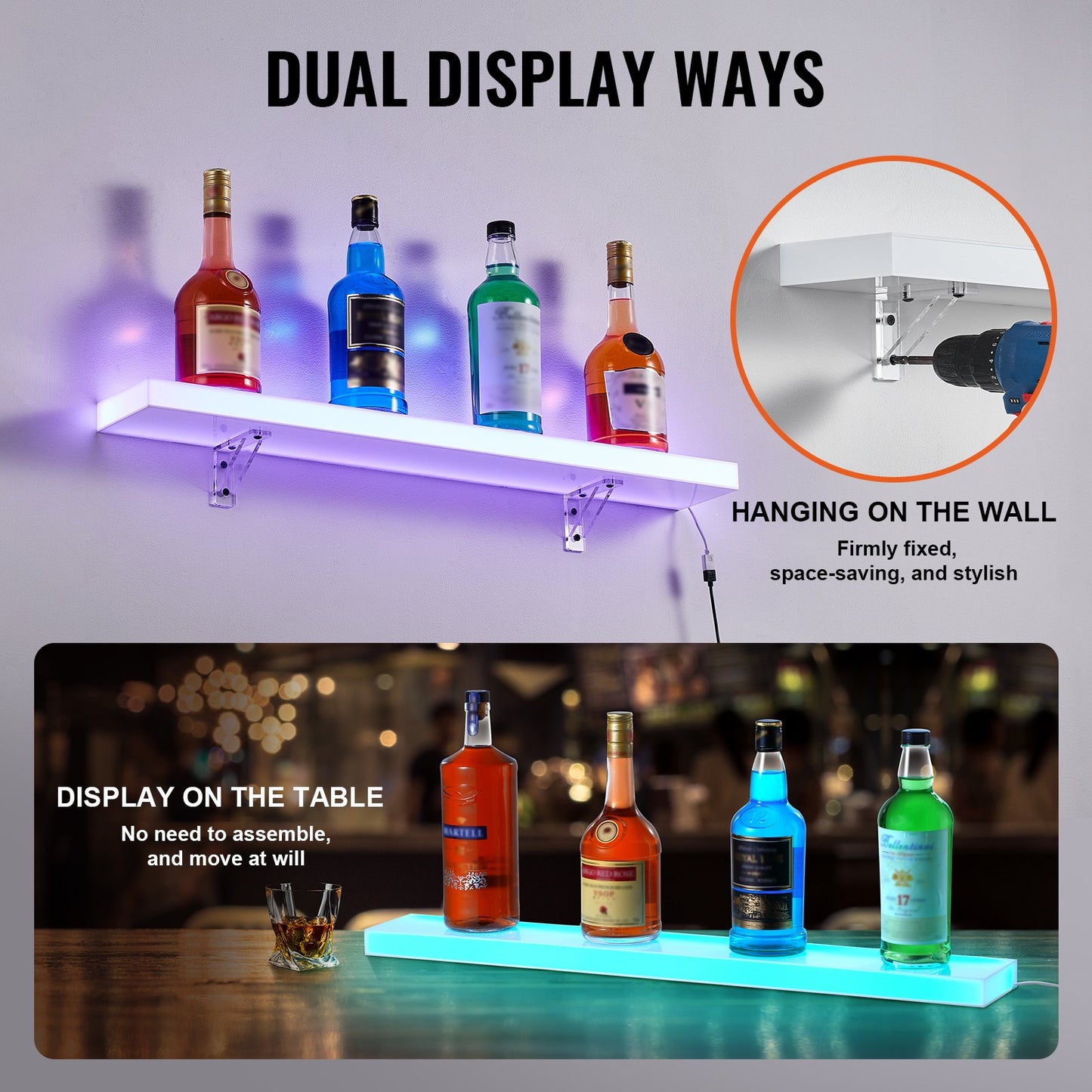 Väggmonterad LED-upplyst spritflaska Display Hemmabarhylla 30" 1-steg