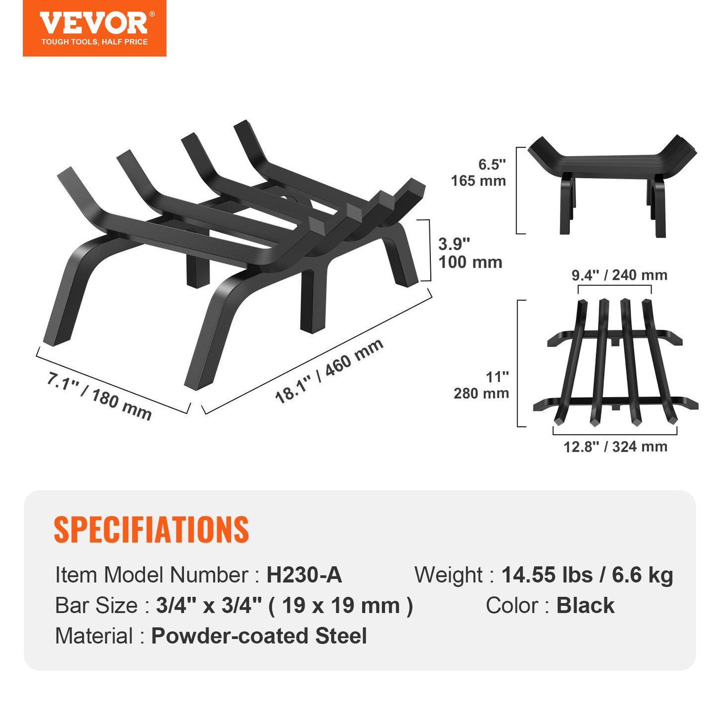 18 inch fireplace wood grate powder coated steel burning shelf holder