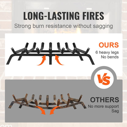 Fireplace Grate, 30 Inch Heavy Duty Fire Grate with 6 Support Legs, 3/4'' Solid Powder Coated Steel Bars, Wood Burning Holder for Indoor and Outdoor Fireplace