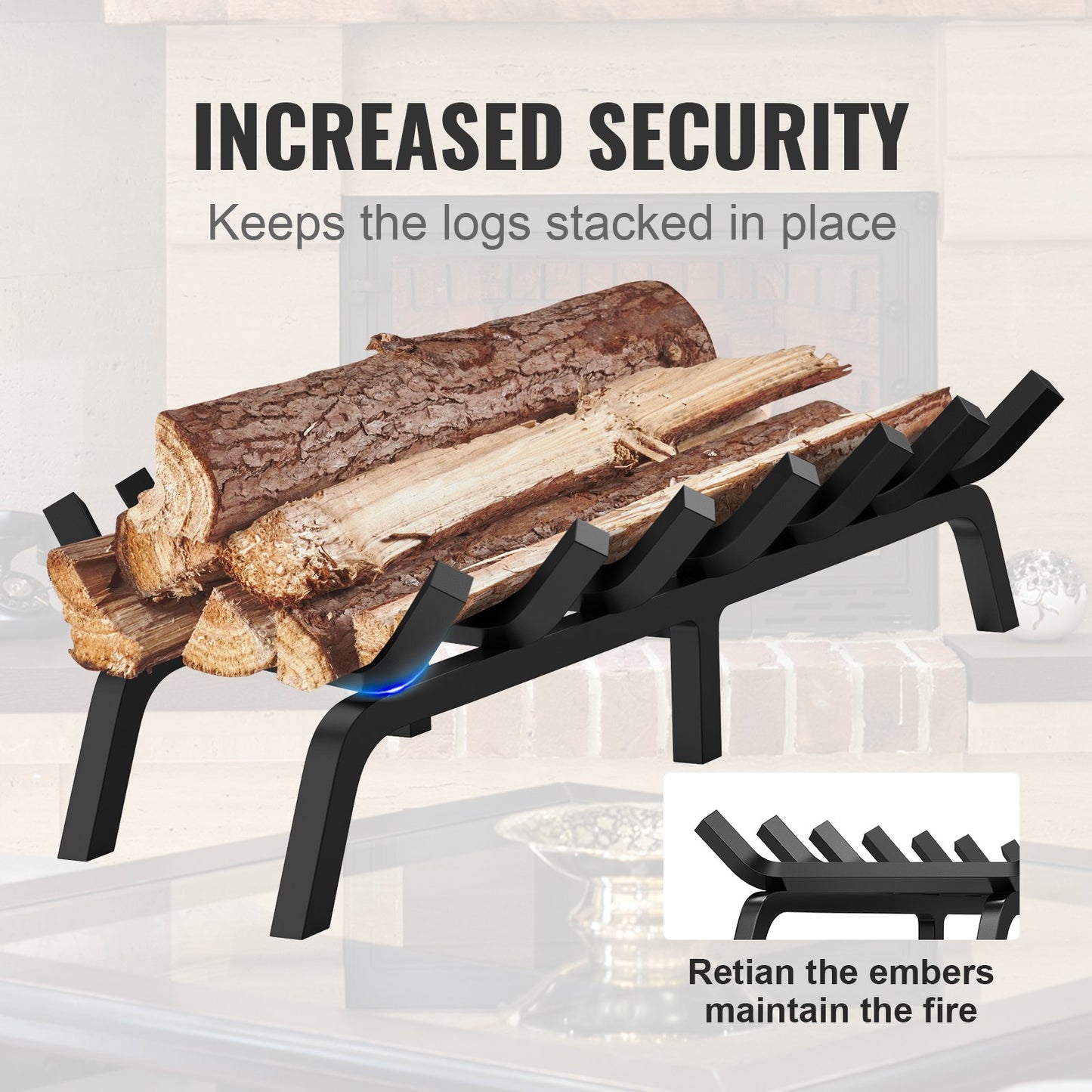 Fireplace Grate, 30 Inch Heavy Duty Fire Grate with 6 Support Legs, 3/4'' Solid Powder Coated Steel Bars, Wood Burning Holder for Indoor and Outdoor Fireplace
