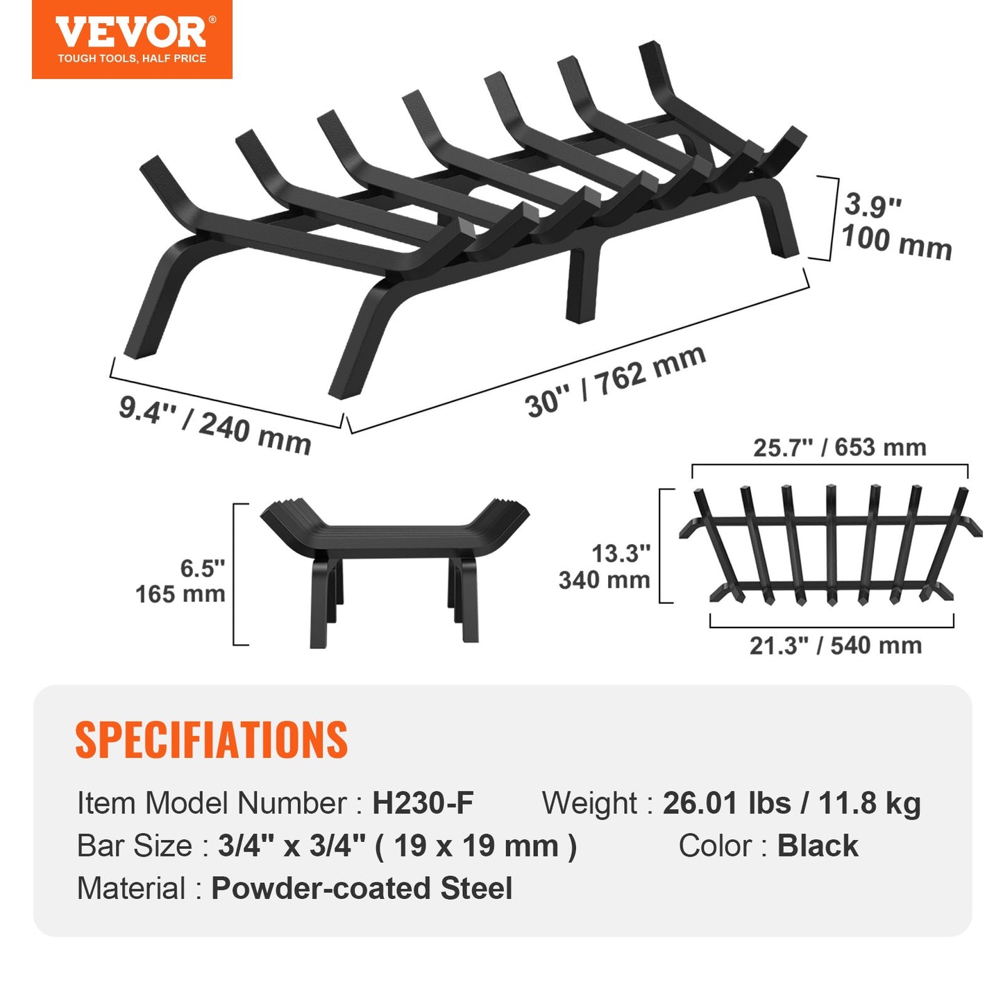 Fireplace Grate, 30 Inch Heavy Duty Fire Grate with 6 Support Legs, 3/4'' Solid Powder Coated Steel Bars, Wood Burning Holder for Indoor and Outdoor Fireplace
