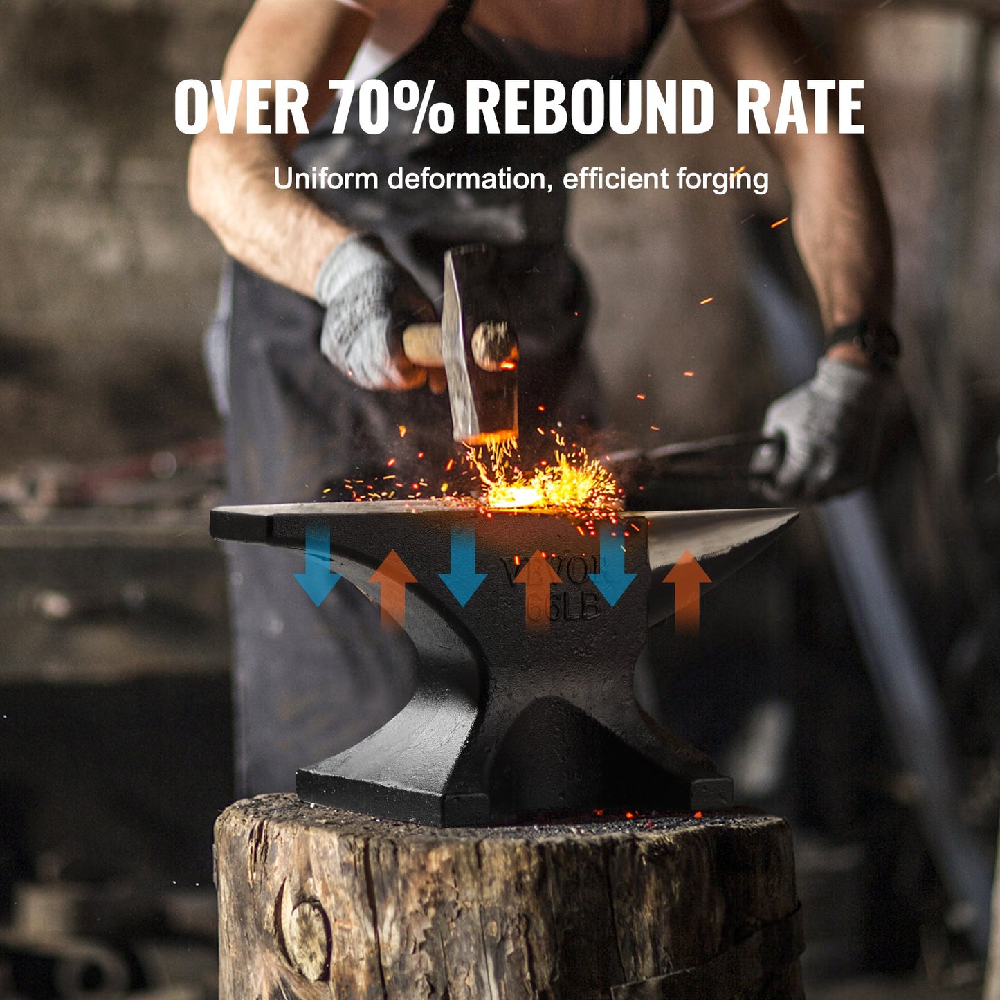 Anvil with one horn, 66 kg cast steel anvil, high hardness anvil, robust round horn anvil blacksmith, large worktop and stable base, with round and square hole, metal blacksmith tool for bending and shaping