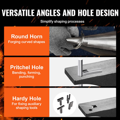 Anvil with one horn, 66 kg cast steel anvil, high hardness anvil, robust round horn anvil blacksmith, large worktop and stable base, with round and square hole, metal blacksmith tool for bending and shaping