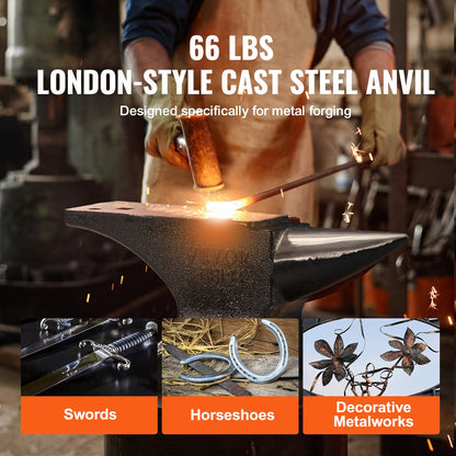 Anvil with one horn, 66 kg cast steel anvil, high hardness anvil, robust round horn anvil blacksmith, large worktop and stable base, with round and square hole, metal blacksmith tool for bending and shaping